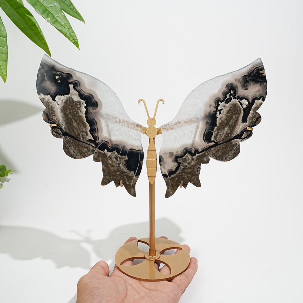 Unique,Natural Crystal Volcanic Agate Butterfly Wing With Stand