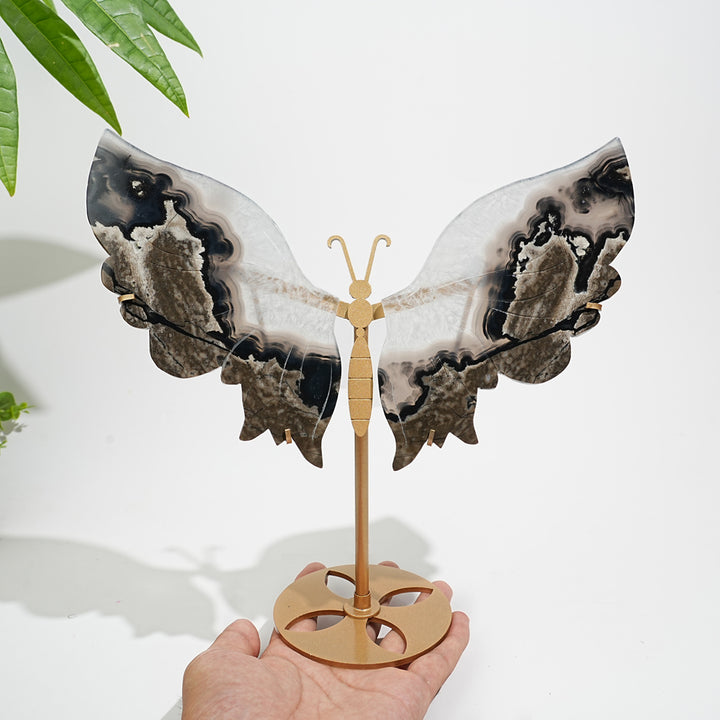 Unique,Natural Crystal Volcanic Agate Butterfly Wing With Stand