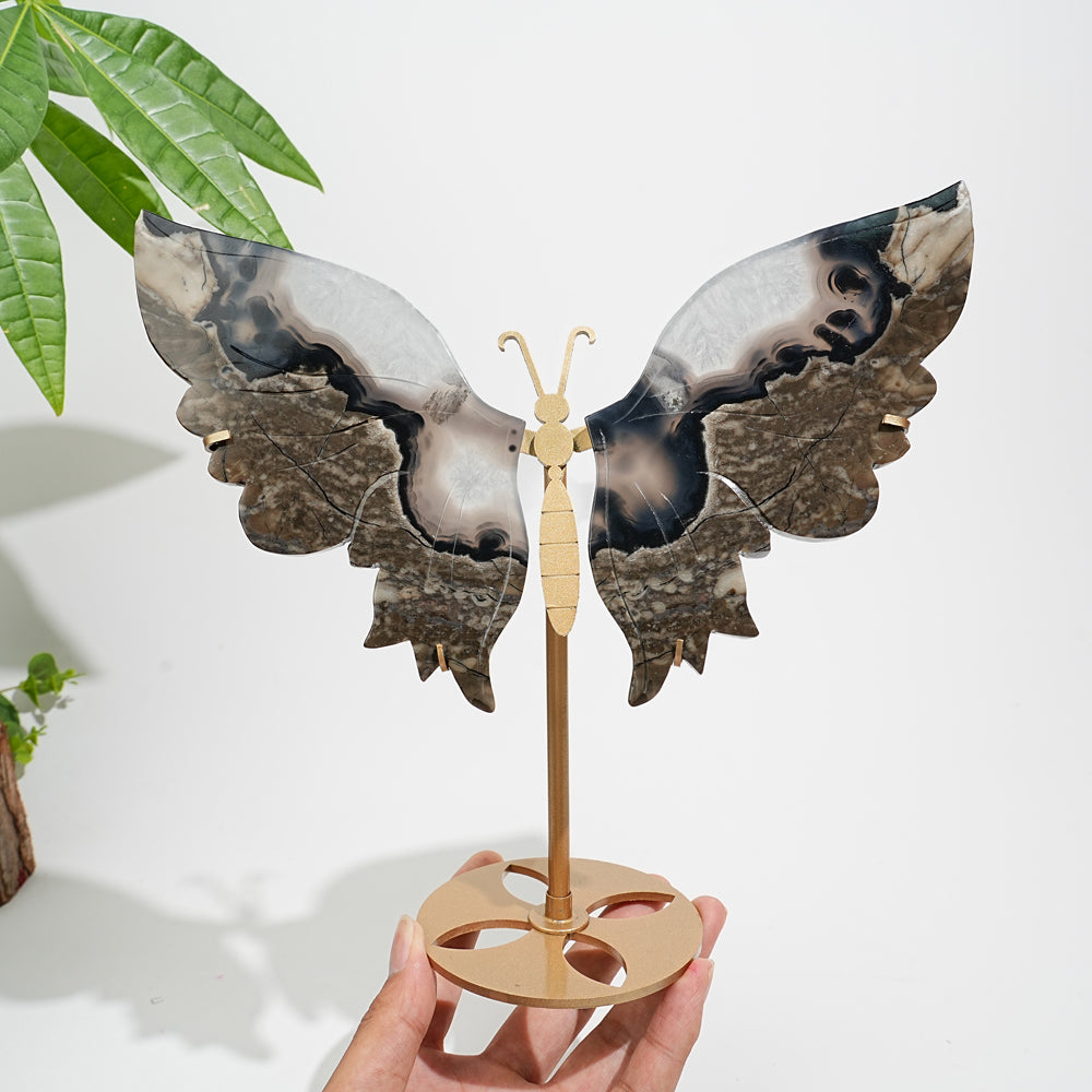 Unique,Natural Crystal Volcanic Agate Butterfly Wing With Stand