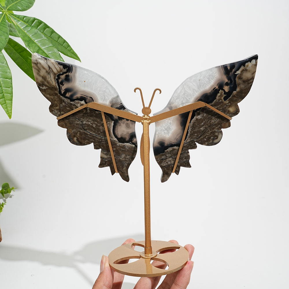 Unique,Natural Crystal Volcanic Agate Butterfly Wing With Stand