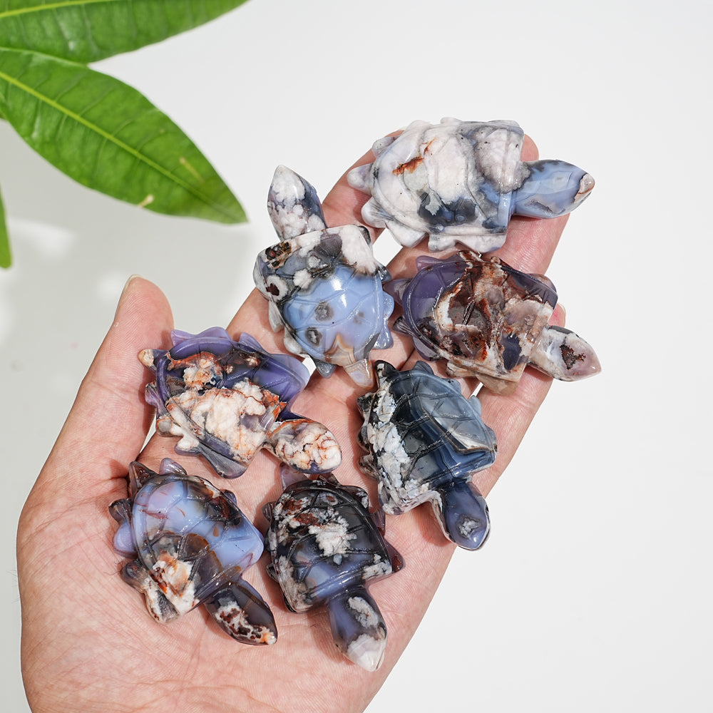 Natural Cute Blue Flower Agate Crystal Sea Turtle Carving