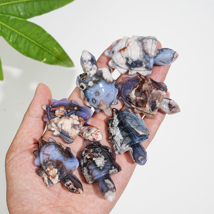 Natural Cute Blue Flower Agate Crystal Sea Turtle Carving
