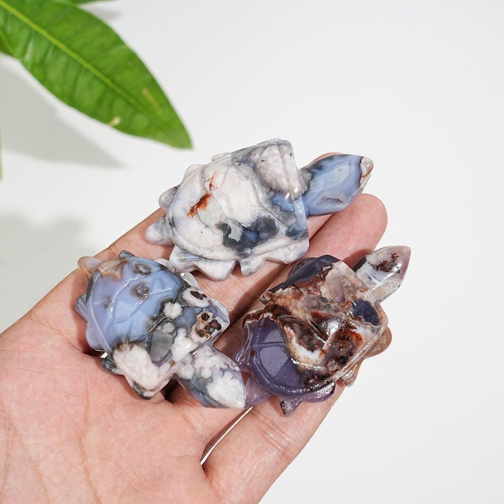 Natural Cute Blue Flower Agate Crystal Sea Turtle Carving
