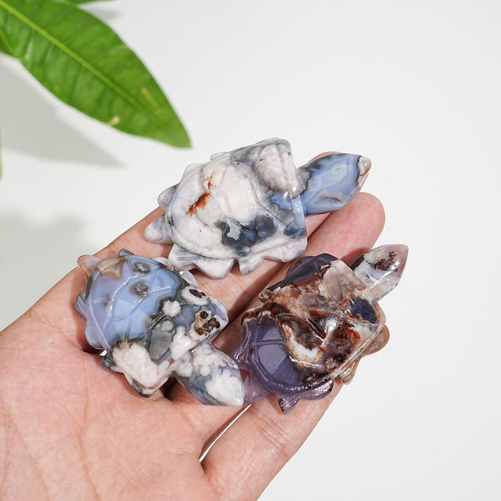 Natural Cute Blue Flower Agate Crystal Sea Turtle Carving