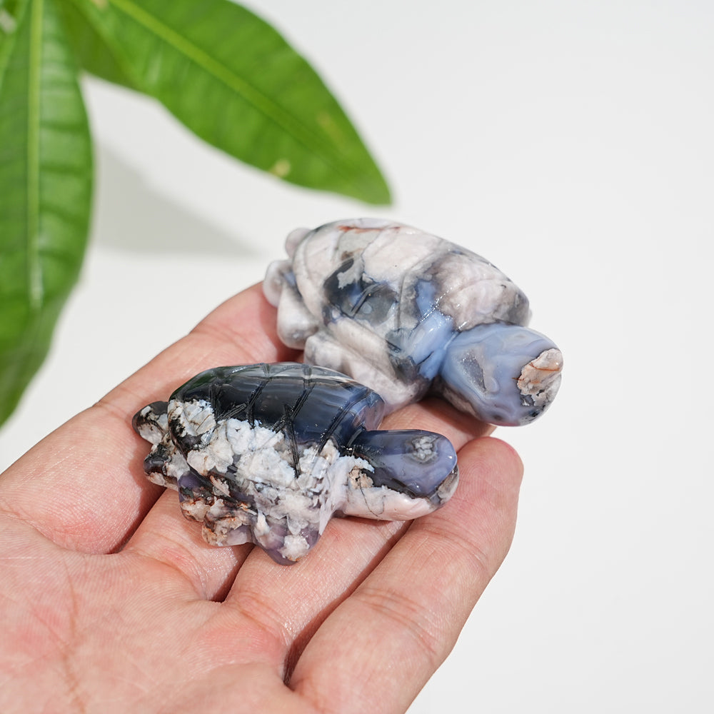 Natural Cute Blue Flower Agate Crystal Sea Turtle Carving