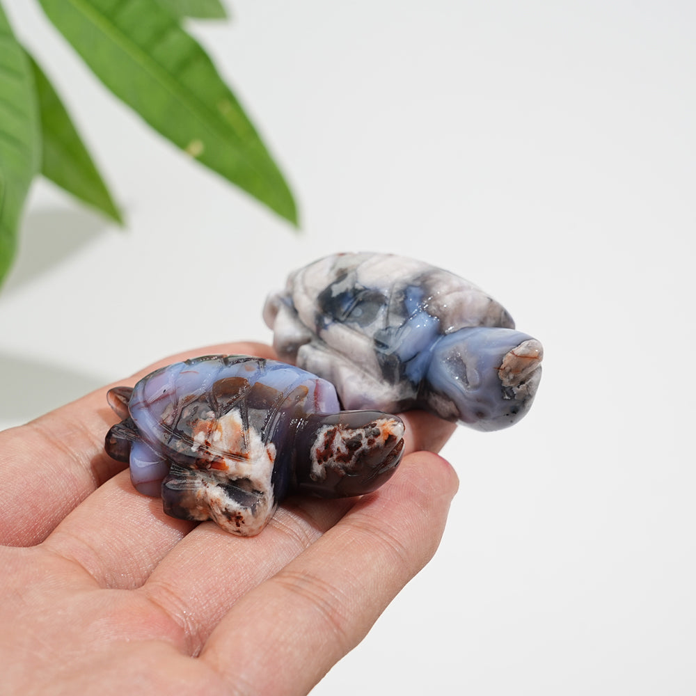 Natural Cute Blue Flower Agate Crystal Sea Turtle Carving