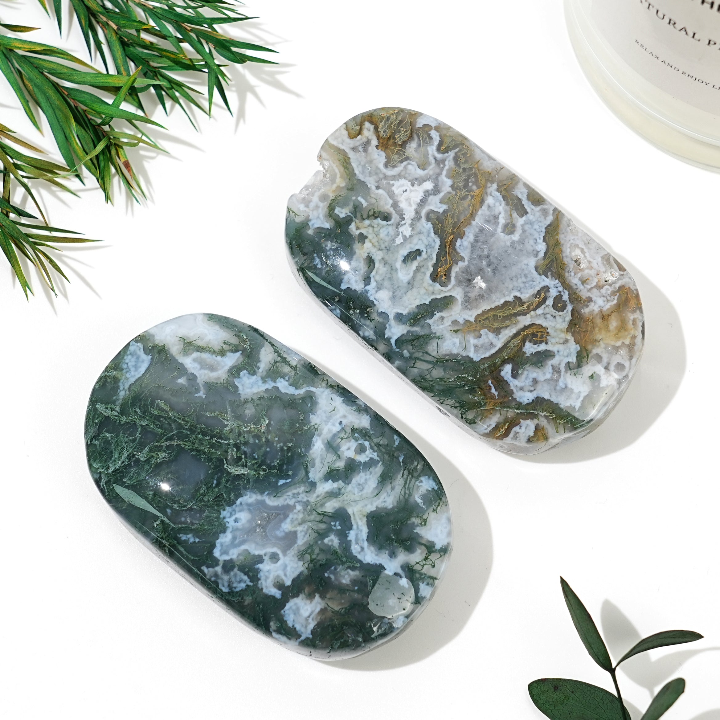 Natural Moss Agate Palm Stone – Green, Polished – Reiki Healing Crystal – Made In USA