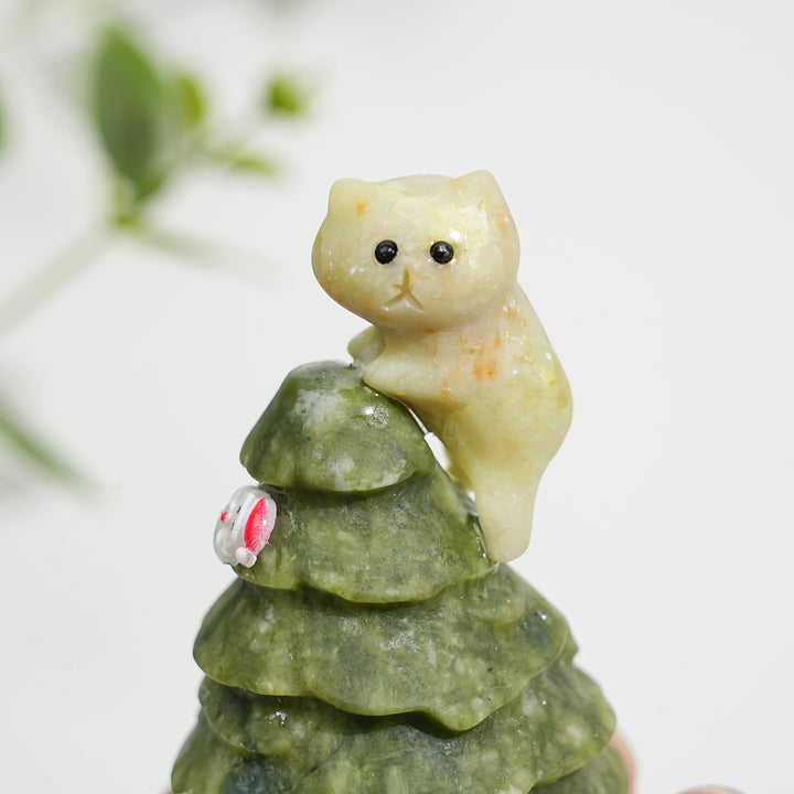 Natural Crystal Carving Cat With Christmas Tree
