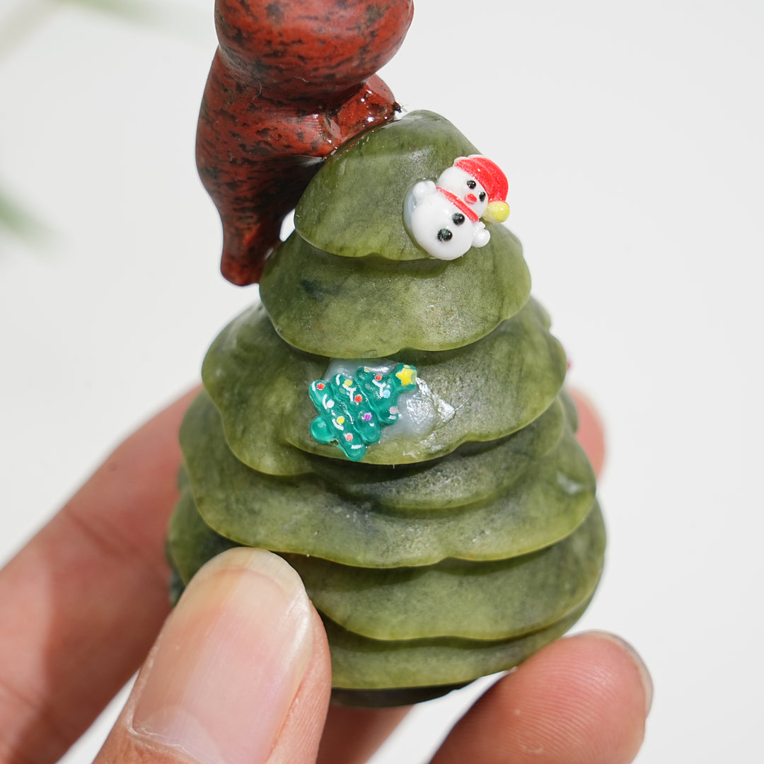 Natural Crystal Carving Cat With Christmas Tree