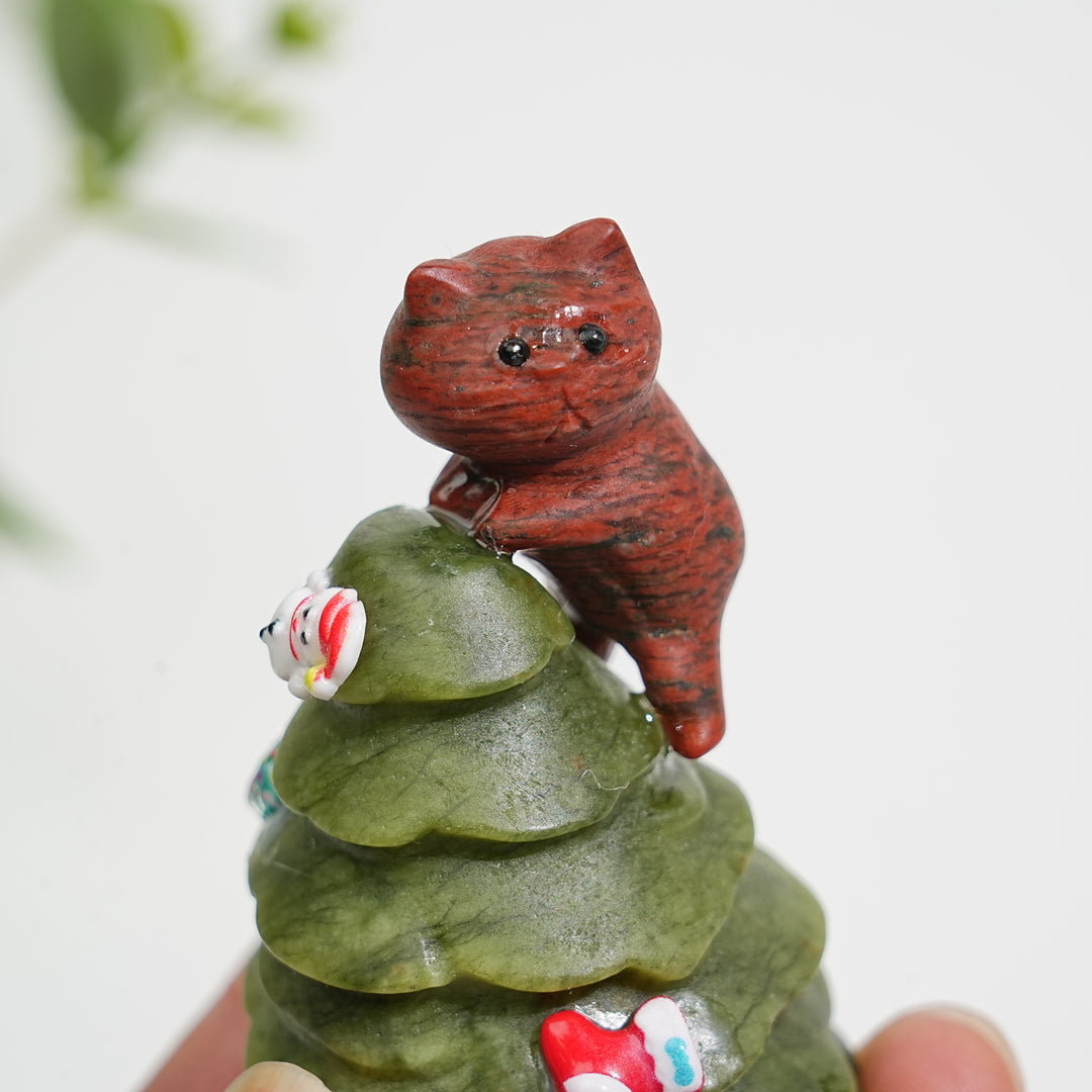 Natural Crystal Carving Cat With Christmas Tree