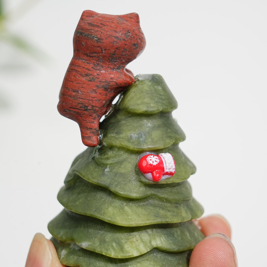 Natural Crystal Carving Cat With Christmas Tree