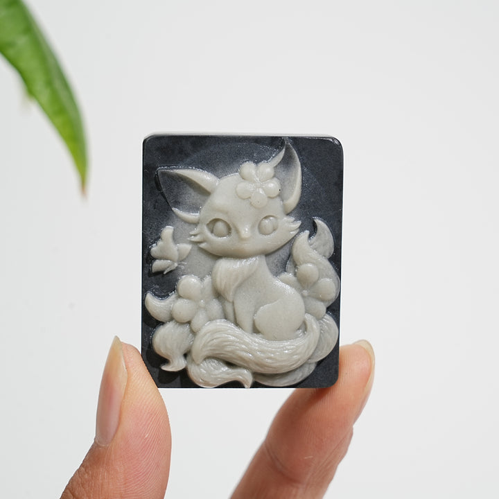 Unique,Natural TaiJi Stone Nine‑Tailed Fox With Butterfly