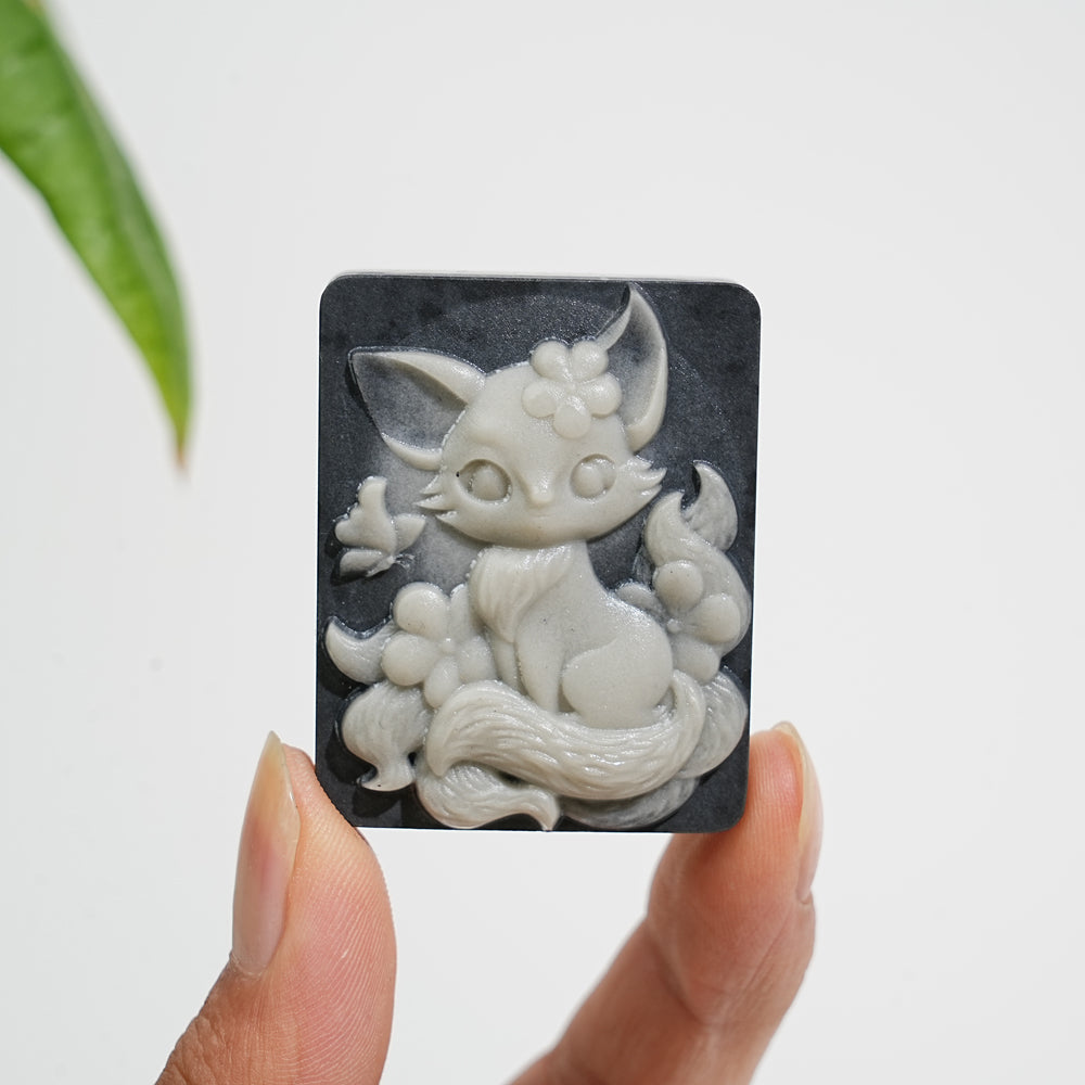Unique,Natural TaiJi Stone Nine‑Tailed Fox With Butterfly