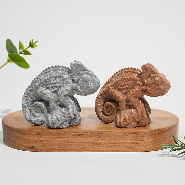 Natural Crystal Carving Chameleon On Tree Stump