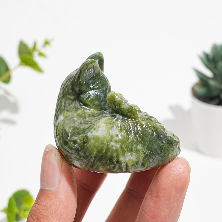 Natural Serpentine Carved Fox With Butterfly