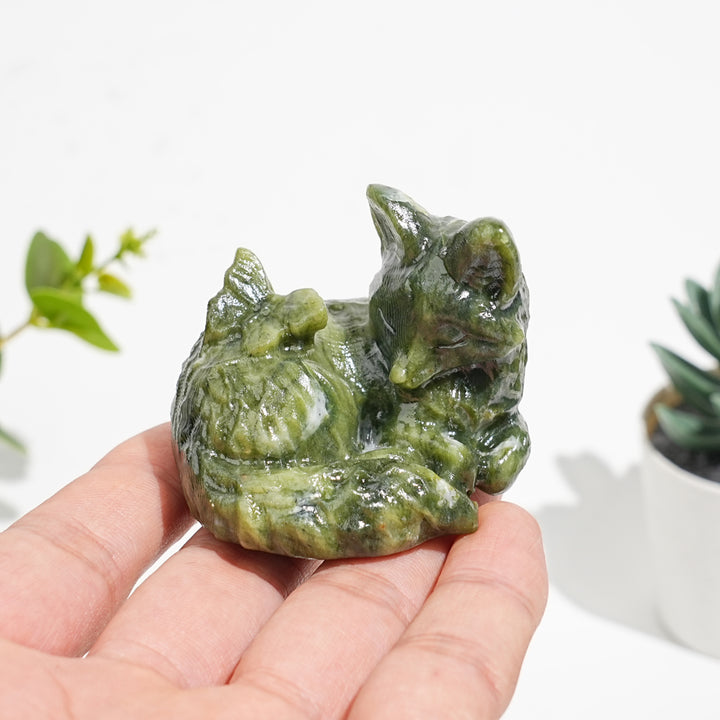 Natural Serpentine Carved Fox With Butterfly