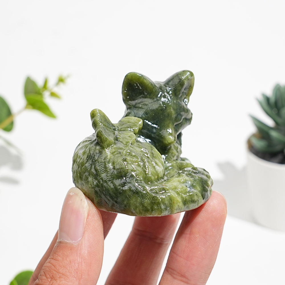 Natural Serpentine Carved Fox With Butterfly