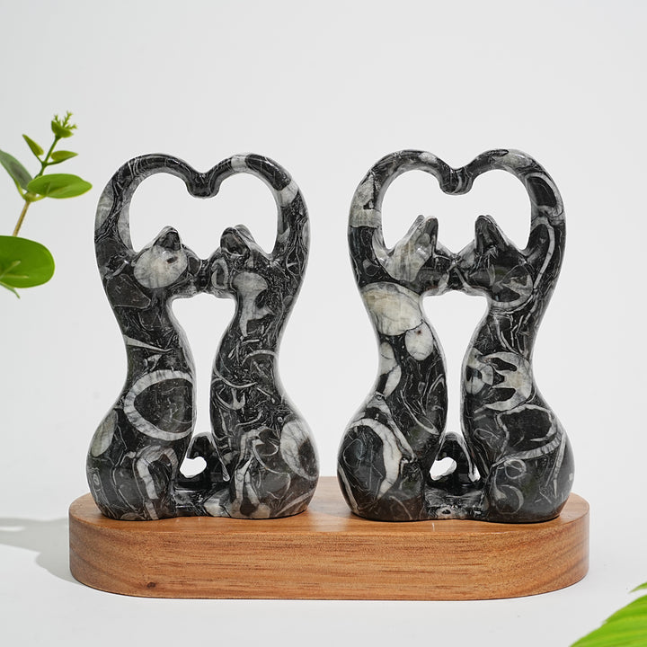 Natural Crystal Carving Shell Fossil Loving Couple Cats