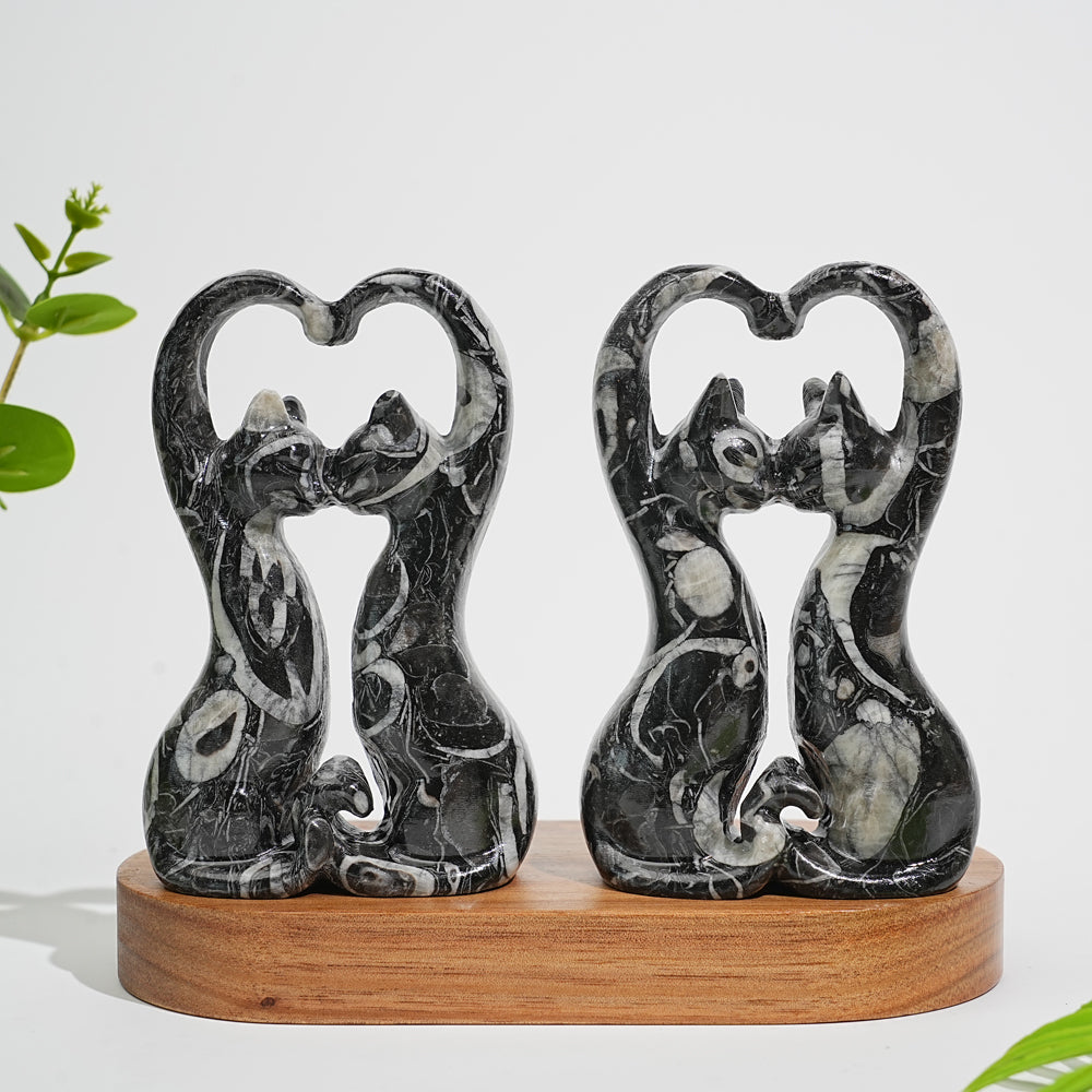 Natural Crystal Carving Shell Fossil Loving Couple Cats