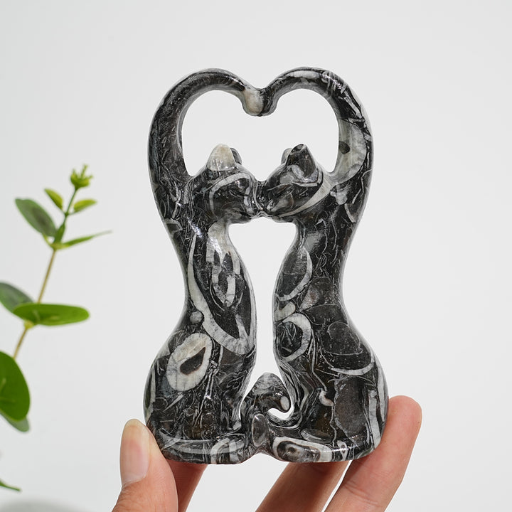 Natural Crystal Carving Shell Fossil Loving Couple Cats