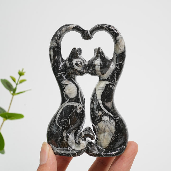 Natural Crystal Carving Shell Fossil Loving Couple Cats
