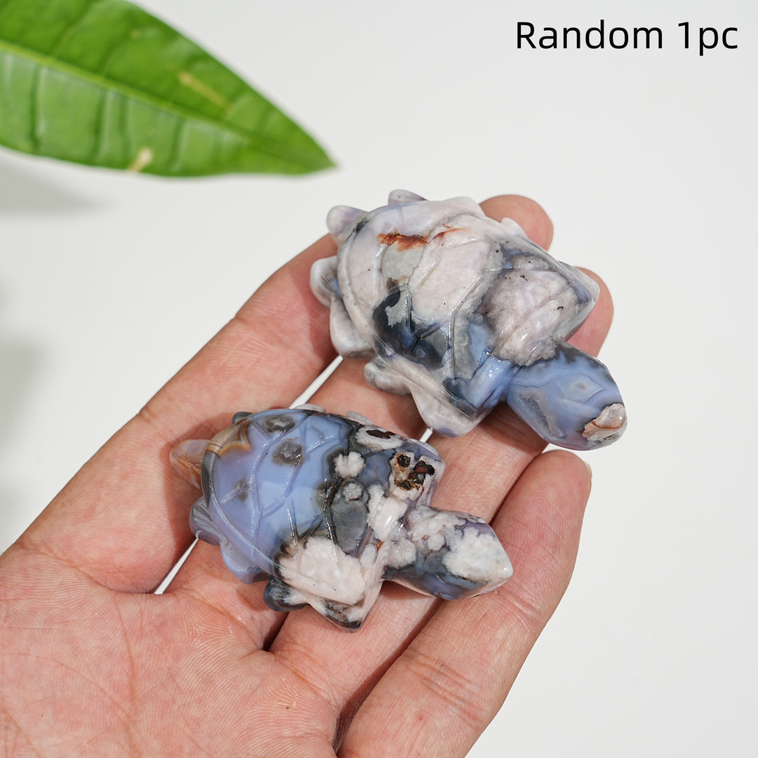 Natural Cute Blue Flower Agate Crystal Sea Turtle Carving