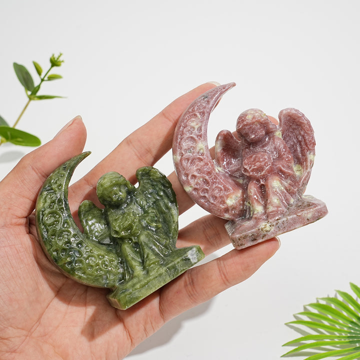 Natural Crystal Carving Moon Angel With Flower