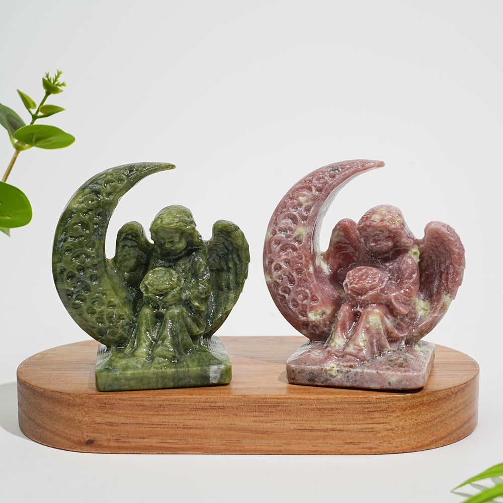 Natural Crystal Carving Moon Angel With Flower