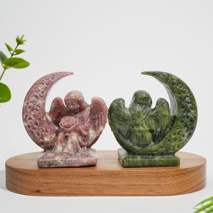 Natural Crystal Carving Moon Angel With Flower