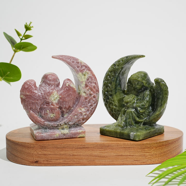 Natural Crystal Carving Moon Angel With Flower