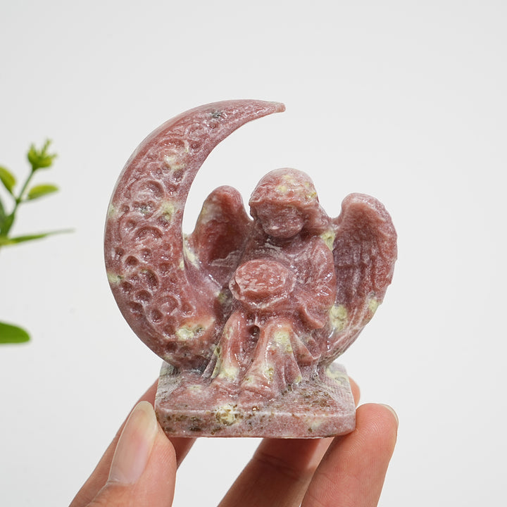 Natural Crystal Carving Moon Angel With Flower