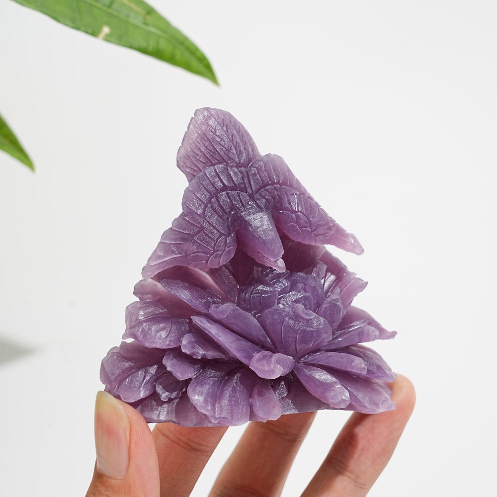 Unique,A Slightly Imperfect Natural Lepidolite Bird And Peony Carving