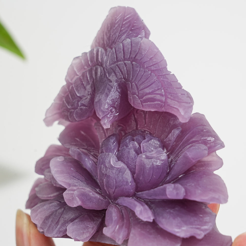 Unique,A Slightly Imperfect Natural Lepidolite Bird And Peony Carving