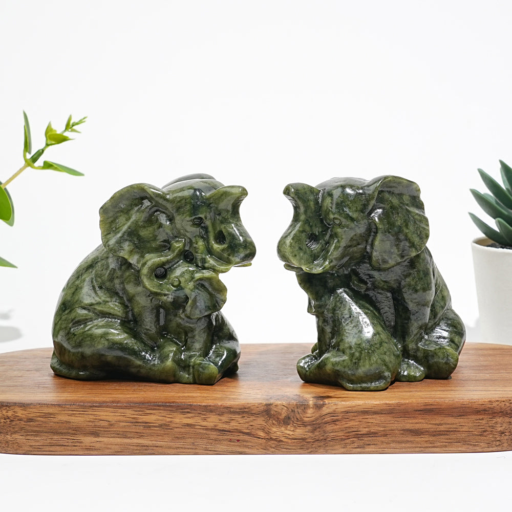 Natural Serpentine Mother & Baby Elephant Carving