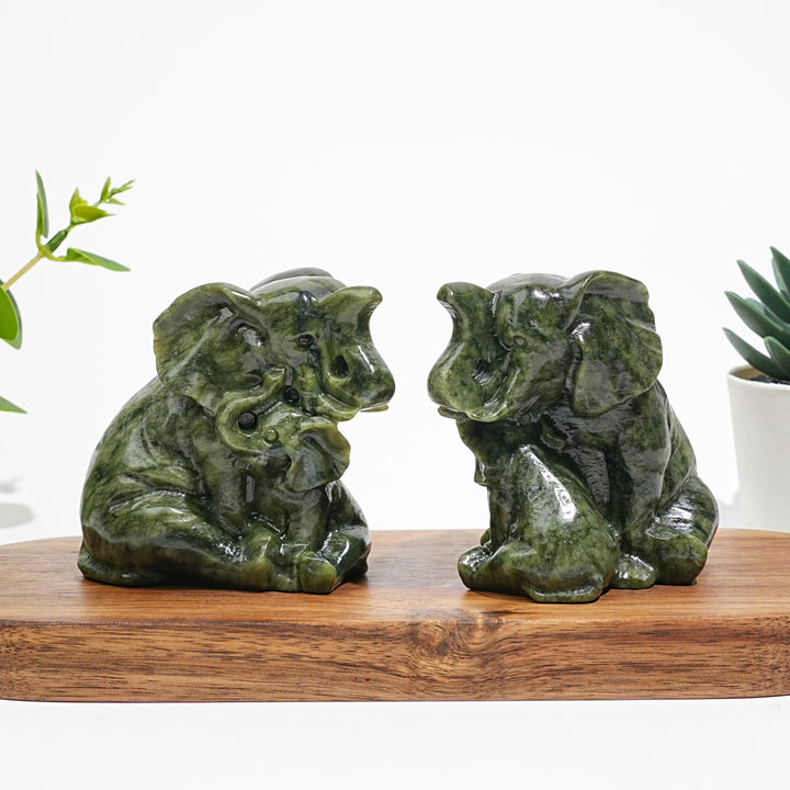 Natural Serpentine Mother & Baby Elephant Carving