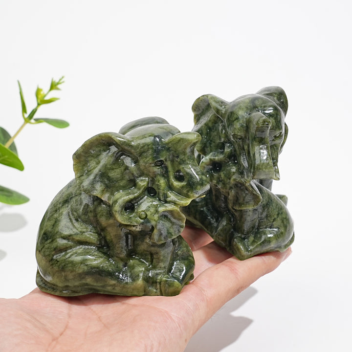 Natural Serpentine Mother & Baby Elephant Carving