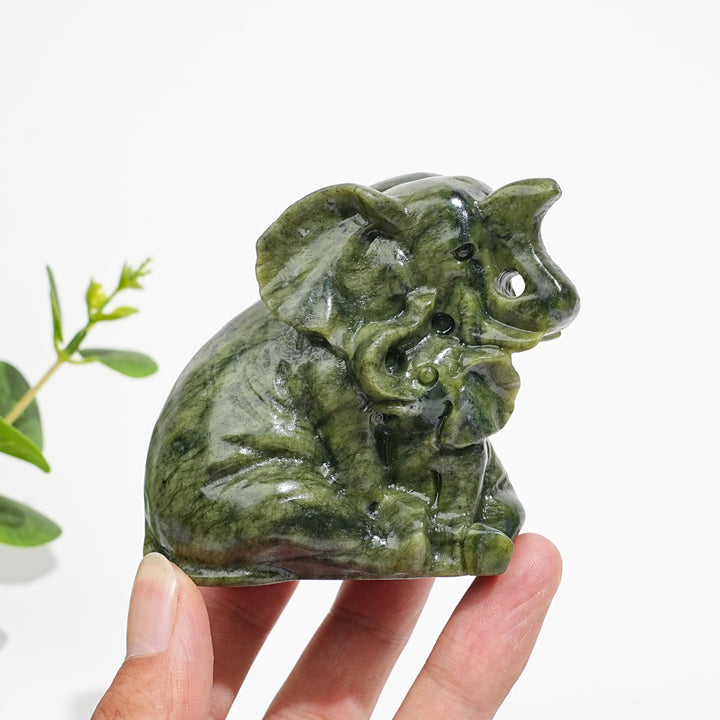 Natural Serpentine Mother & Baby Elephant Carving