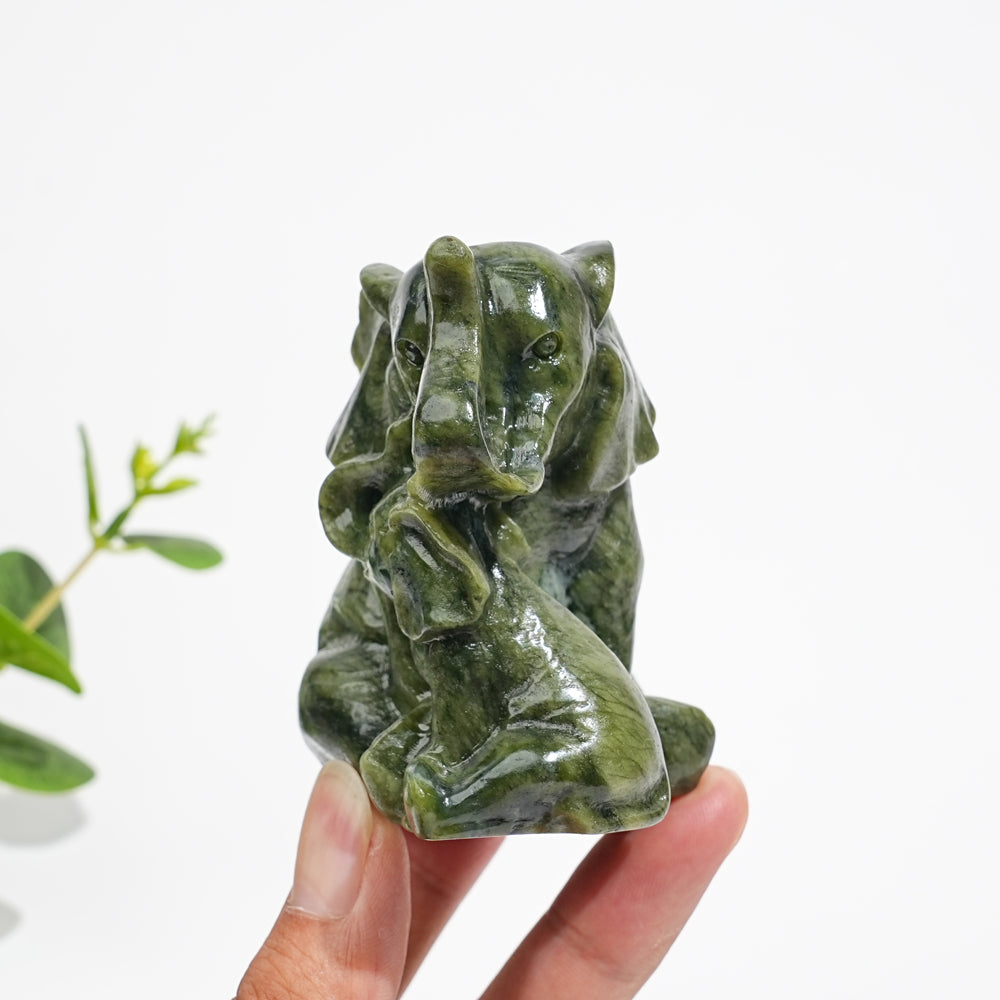 Natural Serpentine Mother & Baby Elephant Carving