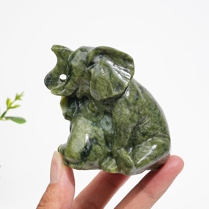 Natural Serpentine Mother & Baby Elephant Carving