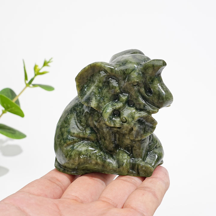 Natural Serpentine Mother & Baby Elephant Carving