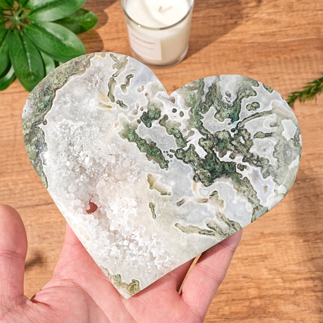 Unique,  Natural Moss Agate Geode Heart