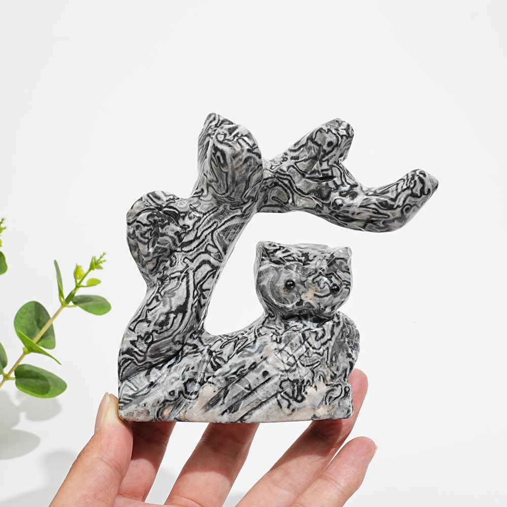 Unique,A Slightly Imperfect Natural Crystal Wise Owl On Tree Branch Carving