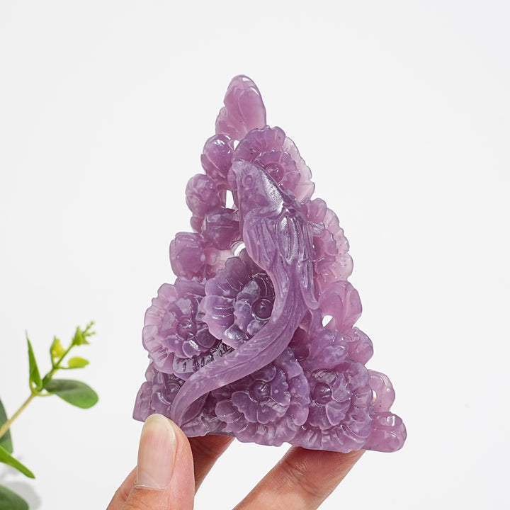 Unique,Natural Crystal Lepidolite Parrot With Daisy Carving