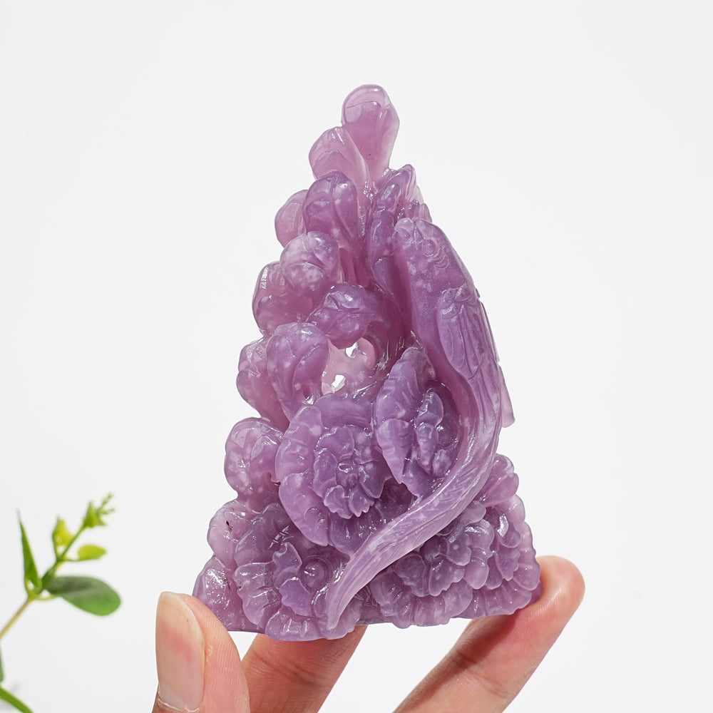 Unique,Natural Crystal Lepidolite Parrot With Daisy Carving