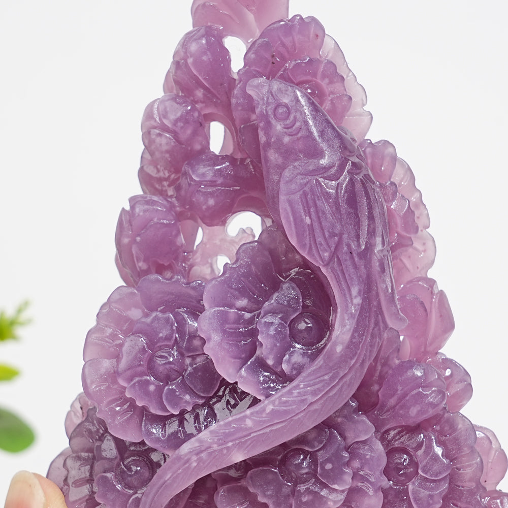 Unique,Natural Crystal Lepidolite Parrot With Daisy Carving