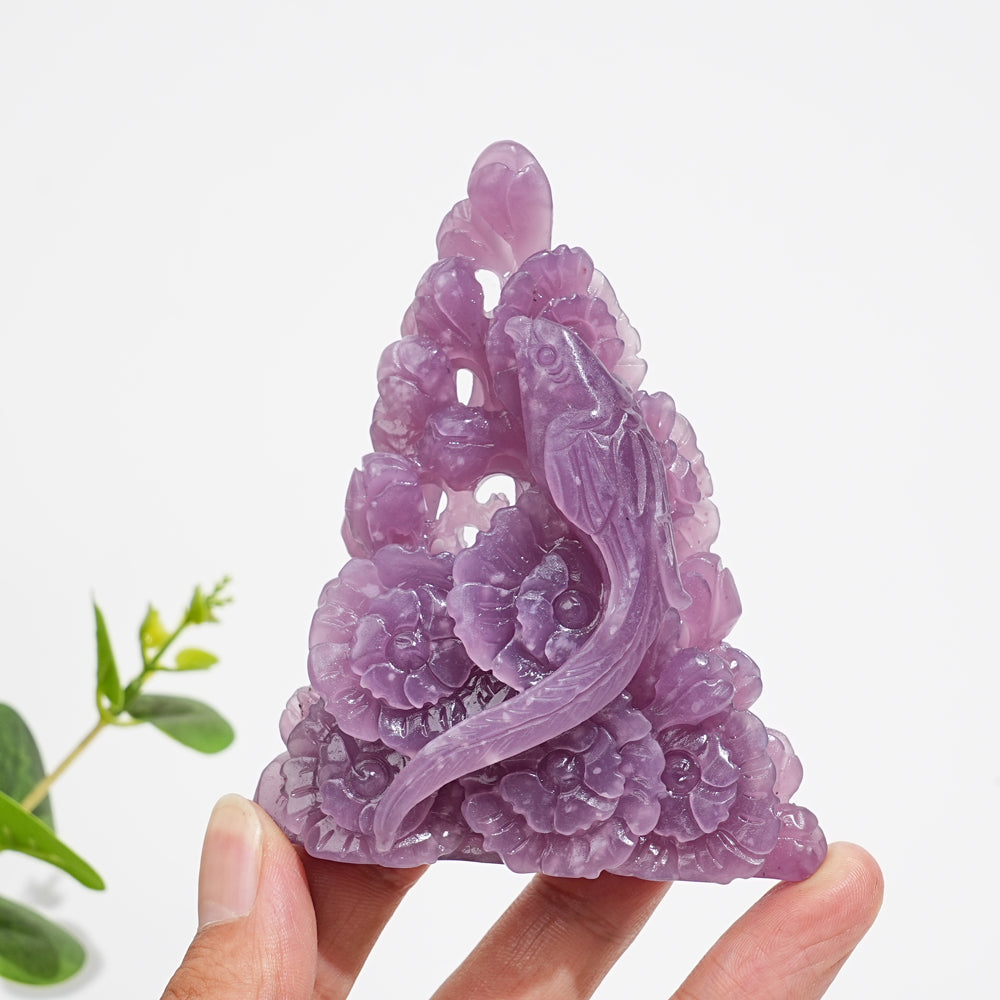 Unique,Natural Crystal Lepidolite Parrot With Daisy Carving