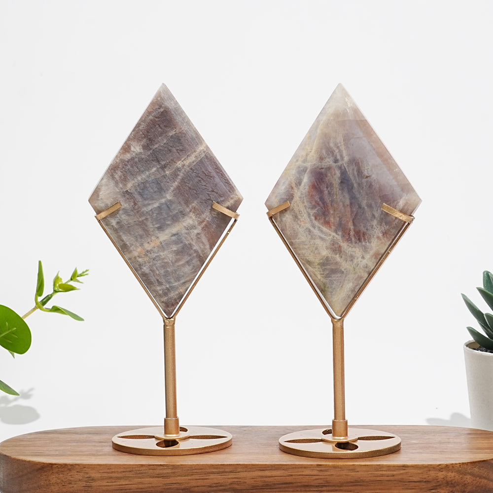 Unique,Natural Sunstone-Moonstone Diamond Slice With Stand