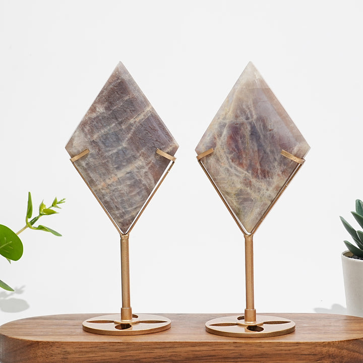 Unique,Natural Sunstone-Moonstone Diamond Slice With Stand
