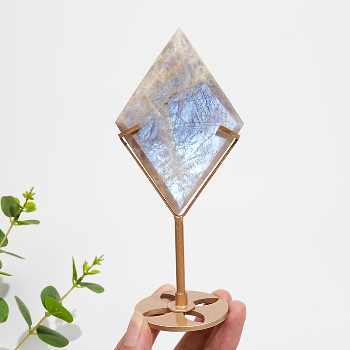 Unique,Natural Sunstone-Moonstone Diamond Slice With Stand
