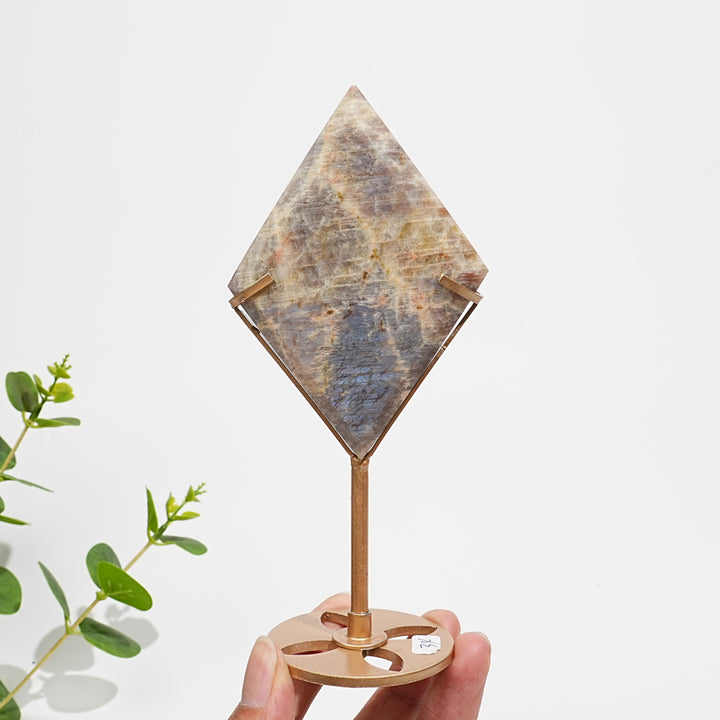 Unique,Natural Sunstone-Moonstone Diamond Slice With Stand